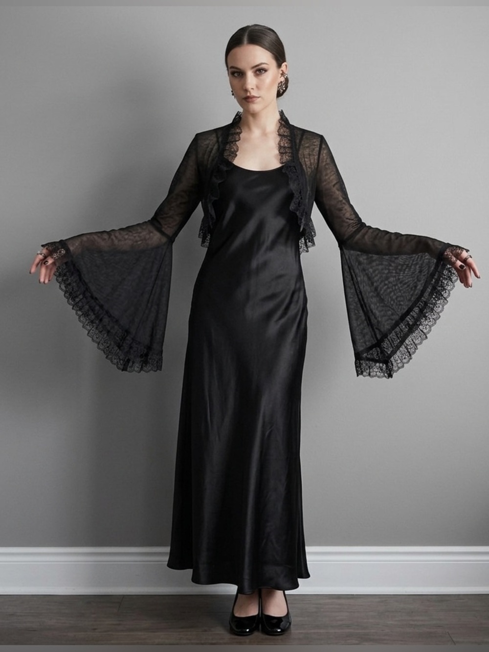 Black Sheer Lace Trim Shrug w/ Bell Sleeves - adds a romantic, goth vibe!